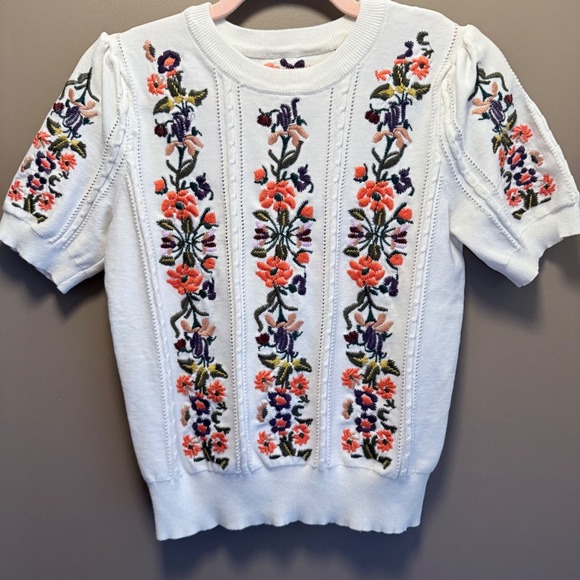 Sweaters - Floral Embroidered Short Sleeve Knit Sweater Top White Puff Sleeve Cottagecore